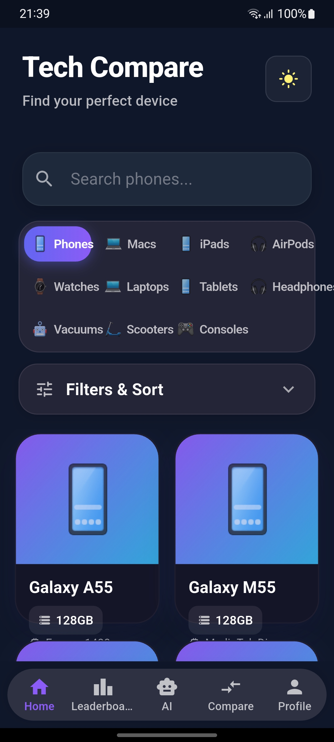Techcompare App Home Screen